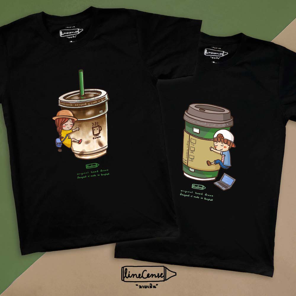 " Coffee Couple " เสื้อยืดคุณภาพสีดำ  ลายกาแฟ Premium cotton100 comp