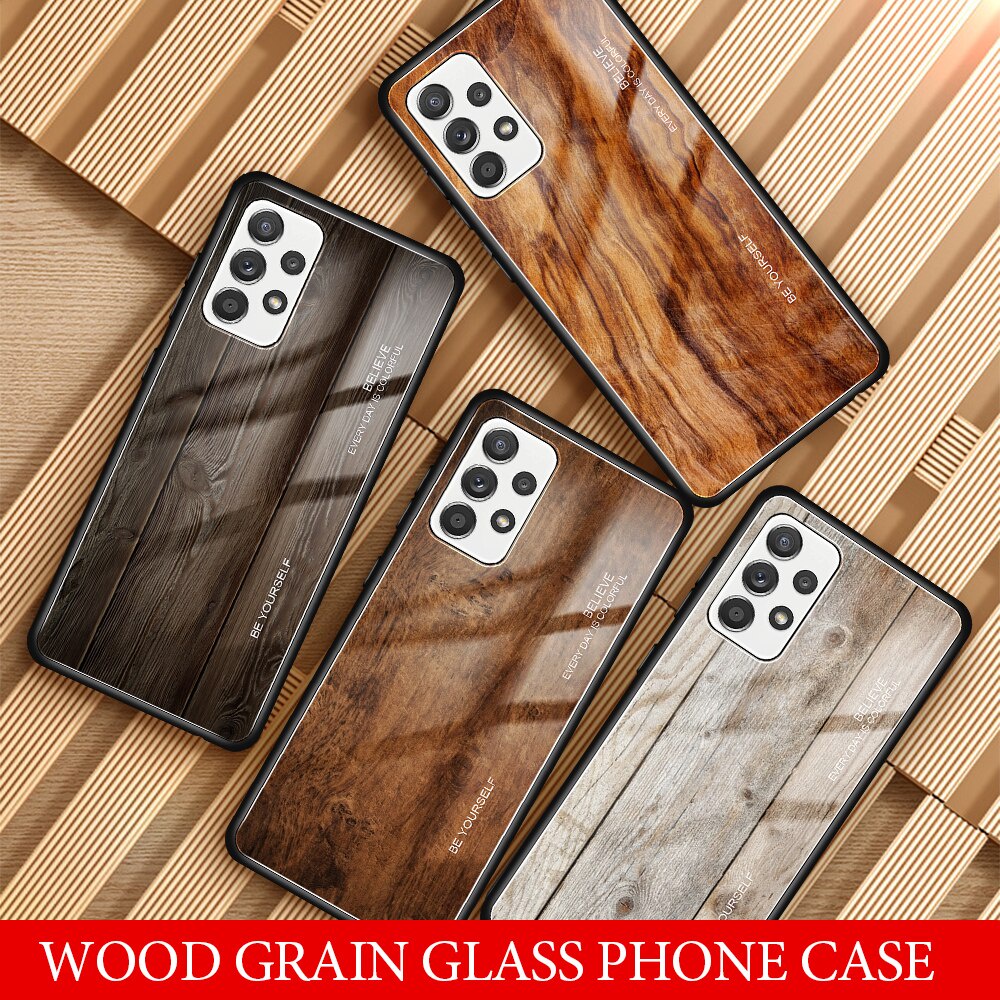 เคสโทรศัพท์กระจก แบบแข็ง ลายไม้ สำหรับ ซัมซุง Samsung Galaxy A12 A13 A52 A52S A72 A32 A42 4G 5G เคสแข็งเคสแฟชั่นปก Phone Case