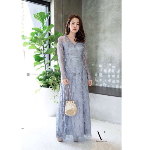 เดรสสีครีมชมพู ชุดราตรีไซสใหญ่ เสื้อผ้าอวบ L-XXL ชุดออกงาน เดรสราตรียาว Maxi dress เดรสสีม่วง