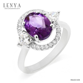 Lenya Jewelry แหวนอเมทิสต์(Amethyst) อมตะด้วยเพชรDiamondLikeล้อมที่สวยทุกกาลสมัย ตัวเรือนเงินแท้ชุบทองคำขาว