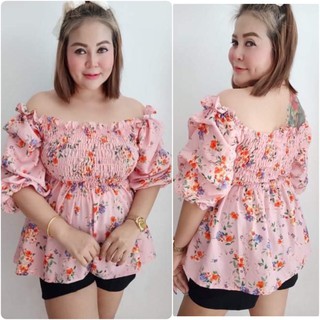 ***เหลือสีฟ้า***อก 40-50 นิ้ว เสื้อปาดไหล่ ขอบอกแต่งระบาย อกสม๊อกครึ่งตัว