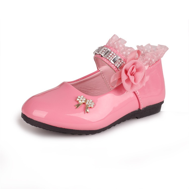 รองเท้าคัชชูเด็กผู้หญิงสีชมพู หนังแก้วประดับเพรช พร้อมส่งจากไทย