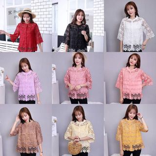 🌸เสื้อลูกไม้คอกลม กระดุมหน้า แขน 5ส่วน เนื้อผ้าลินินผสมลูกไม้