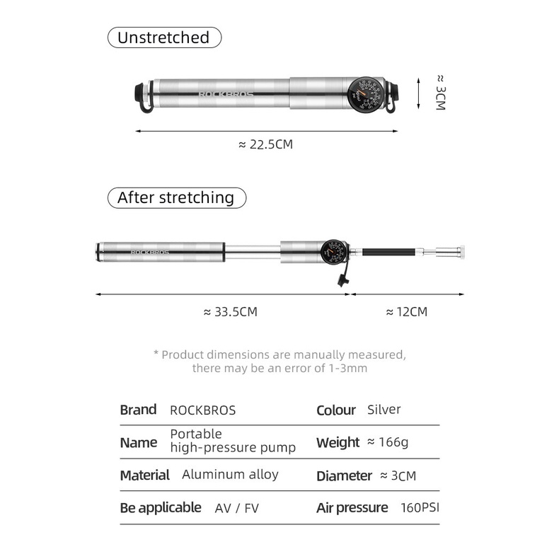 ROCKBROS อุปกรณ์ปั๊มลมยางจักรยาน 160psi Av / Fv น้ําหนักเบา — صورة 2