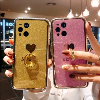 Casing OPPO Find X3 Pro 2021 เคส Case Electroplating Glitter Heart Shaped Shiny Finger Phone Case เคสโทรศัพท with Ring Bracket Back Cover