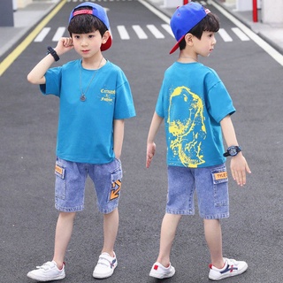 ชุดเซ็ตเด็กผู้ชาย (สินค้าพร้อมส่ง) เซ็ต 2 ชิ้น เสื้อยืด+กางเกงยีนส์ พิมพ์ลายไดโนเสาร์ น้ำหนัก 15-45 kg  เสื้อผ้าเด็กโต