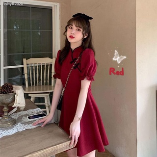 กี่เพ้า ชุดเดรสแขนสั้นคอปกฟองทรงหลวมสไตล์เรโทรสำหรับผู้หญิง
