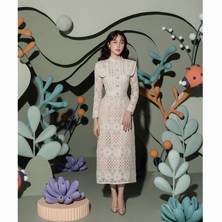 mashr - White iris dress SML - ชุดออกงาน ผ้าลูกไม้ทอลาย ส่งฟรี