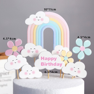 ป้าย Happy Birthday รูปเมฆดอกไม้สายรุ้งสําหรับตกแต่งเค้กวันเกิดเบเกอรี่ 8 ชิ้น
