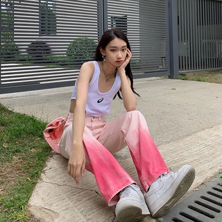 ยีนส์ม็อบสีชมพู กางเกงขากว้าง สตรีฤดูร้อน ใหม่ กางเกงขากระบอกทรงหลวม เอวสูง เวอร์ชั่นเกาหลี ออลแมตช์