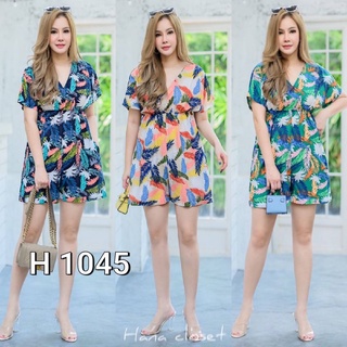 H 1045.จั้มสูทขาสั้นลายใบไม้รับSummer