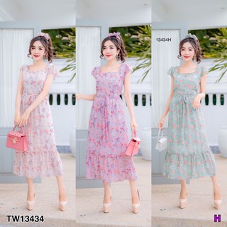 J13434 Maxi Dress แม็กซี่เดรส ชายระบาย ผูกโบว์เอว + ยางรัดผม ลายดอก