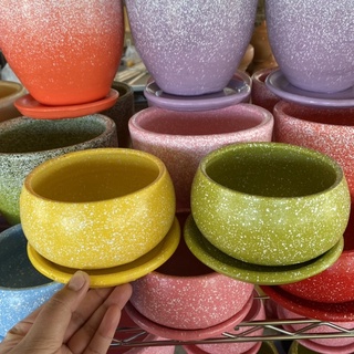 กระถาง+จานรอง งานดินเผาเคลือบสีน้ำมันสวยๆ ทรงบาตร 5 นิ้ว