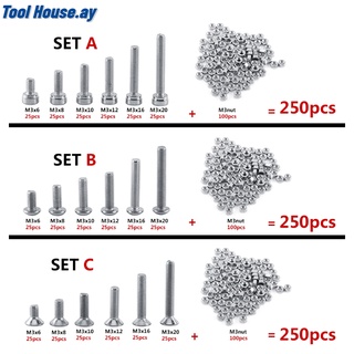 สกรูซ็อกเก็ตสแตนเลส M3 A2 250 ชิ้นพร้อมนัท