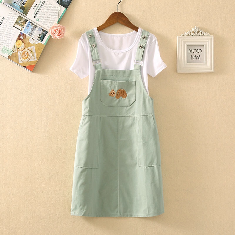 กระโปรงแขวนชุดสองชิ้น 2021 นักเรียนหญิงเกาหลีเย็บปักถักร้อยลดอายุขนาดเล็กสดชุดแขวนหญิงเกาหลีสไตล์เย็