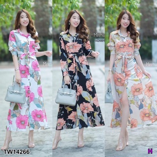 Maxi Dress เดรสเชิ้ตยาว แขนยาว ติดกระดุมด้านหน้า มีโบว์ผูกเอวปรับระดับได้ ผ้า100D พิมพ์ลายดอกใหญ่ ลายผ้าสวยเก๋มากๆ