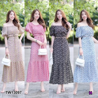 J13097 Set 2 ชิ้น เสื้อครอป แขนดอลลี่ ลายดอก + กระโปรงยาวลายเข้าชุด
