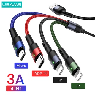 Usams 3A 4 in 1 สายชาร์จ สายข้อมูล Micro USB Type C IP สายเคเบิลโทรศัพท์