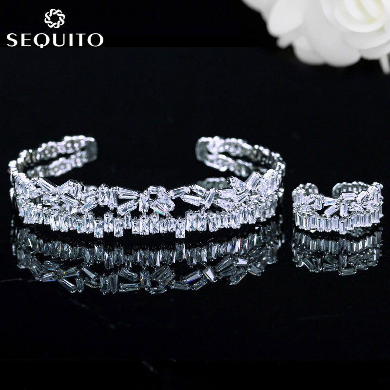แฟชั่น Baguette Zirconia คริสตัลปรับแหวนกําไลข้อมือสร้อยข้อมือทองคําขาวชุดเครื่องประดับสําหรับเพื่อนที่ดีที่สุด SequitoJ008