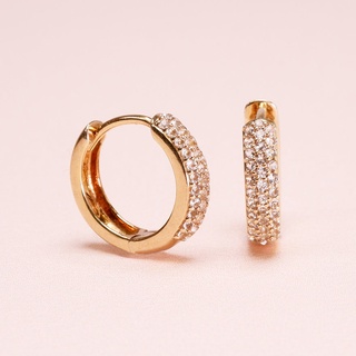 Grace Fine Jewelry ต่างหูห่วงทองแท้ 9K Thick hoops Pave  With White Sapphire small size