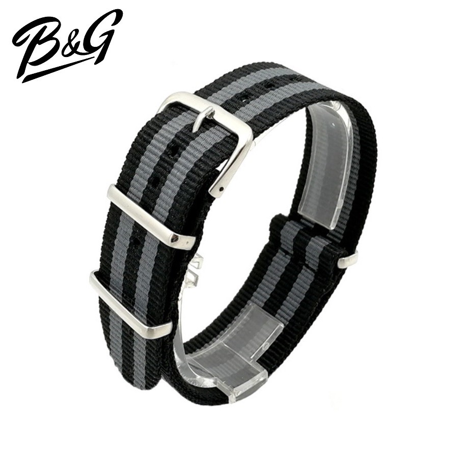 B&G สายนาฬิกานาโต้ไนล่อน ห่วงสีเงิน มีขนาดกว้าง 18mm, 20mm, 22mm แถมเครื่องมือถอดสายและปริงบาร์