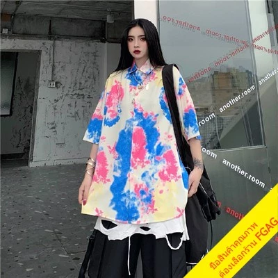 เสื้อเชิ้ตมัดย้อมแขนสั้นผู้หญิง oversize เสื้อผ้าแฟชั่นวินเทจ สไตล์เกาหลี เสื้อโอเวอร์ไซส์สีพาสเทล ไซส์ใหญ่ thumbnail 3