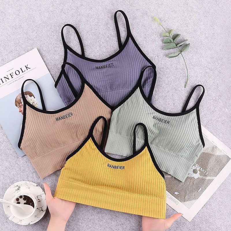 เสื้อชั้นในผู้หญิง สปอร์ตบรา แฟชั่น สายเดี่ยว ผ้าร่อง เนื้อผ้านิ่ม มีฟองน้ำ ฟรีไซซ์ 32 - 38 นิ้ว A49