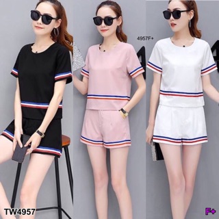 TwinsShopVip💗พร้อมส่ง TW4957 Set เสื้อคอกลม+กางเกงขาสั้นแต่งแถบสี