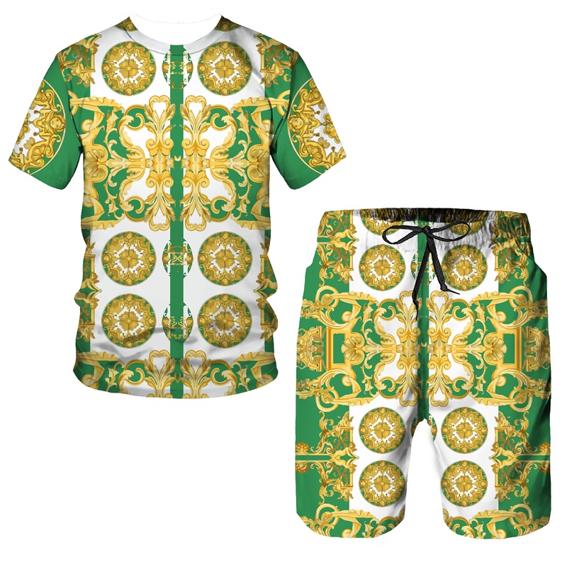 เสื้อยืดแขนสั้น พิมพ์ลาย 3 มิติ สีทอง สไตล์ฮิปฮอป เรโทร เหมาะกับฤดูร้อน สําหรับผู้ชาย 2 ชิ้น - รูปที่ 3