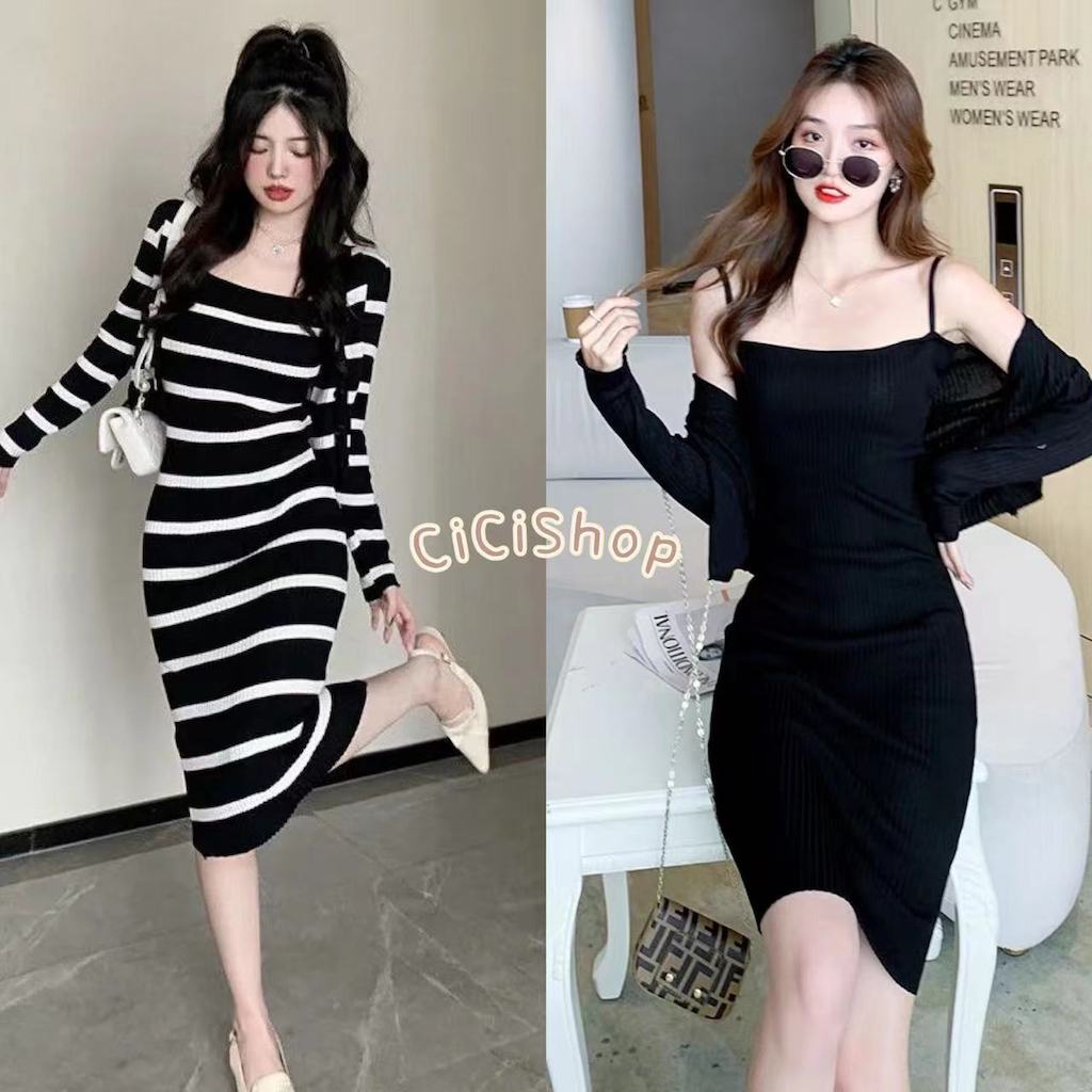 Cicishop(37005/37005-1)เซต เดรสสายเดี่ยวยาว+เสื้อคลุมแต่งดีเทลกระดุม ผ้าknitยืดได้เยอะทอลายทางสลับสีขาวดำ