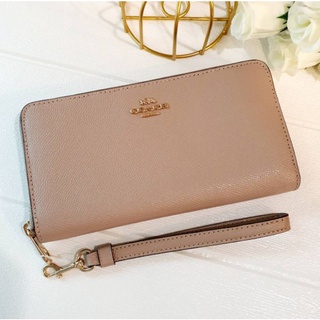 🎀 (สด-ผ่อน) กระเป๋าสตางค์ซิปรอบ มีสายคล้อง สี Taupe COACH C3441 LONG ZIP AROUND WALLET