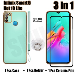 3 IN 1 เคส Infinix Smart 5 Hot 10 Lite พร้อมกระจกนิรภัยกันรอยหน้าจอโค้ง เซรามิก และที่ยึด ซิลิโคนนุ่ม เคลือบไฟฟ้า เคสโทรศัพท์