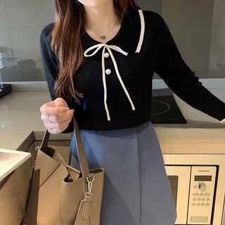 เสื้อเเขนยาวสไตส์เกาหลีเเต่งโบว์ไหมพรม ประดับกระดุมมุก