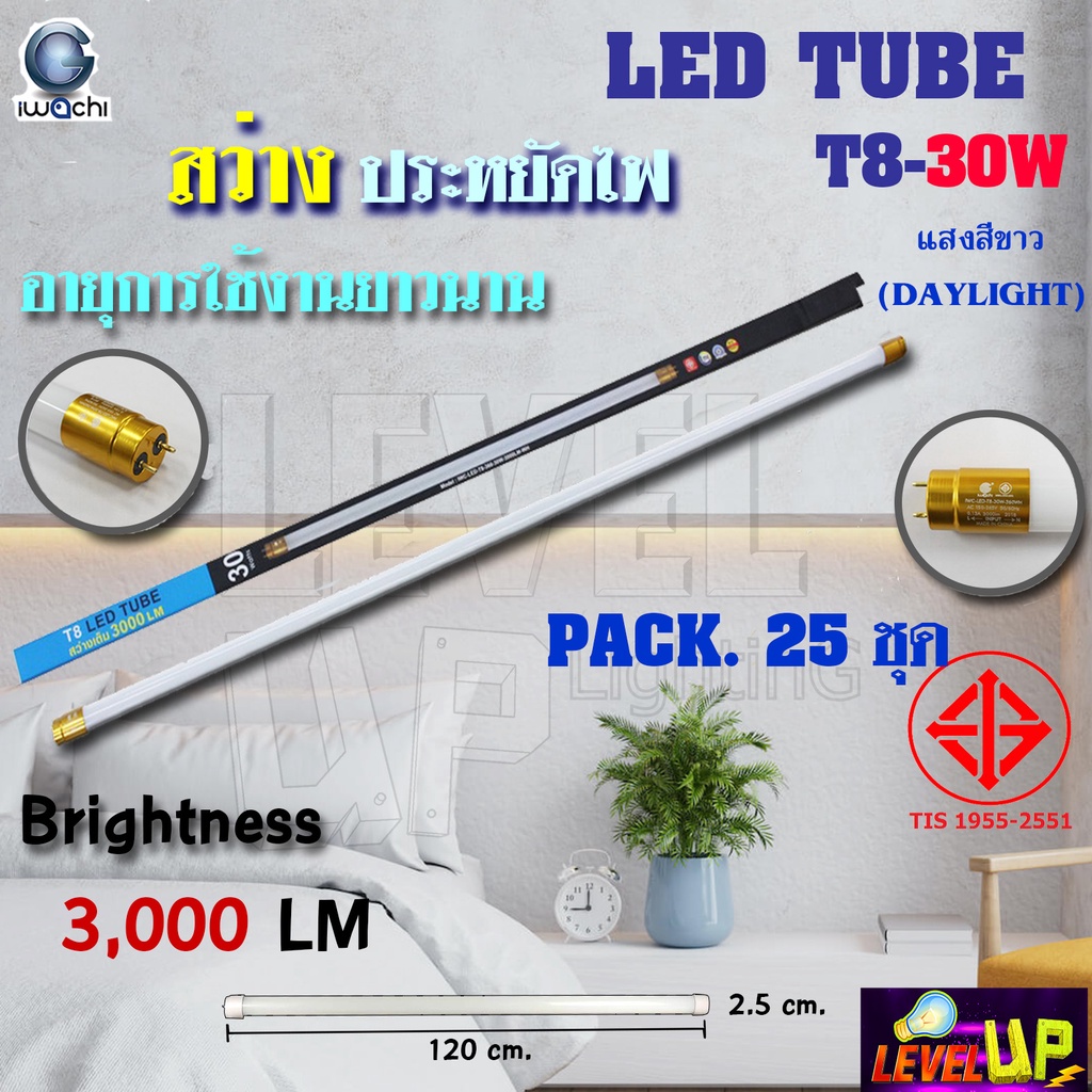 (แพ็ค 25 หลอด)หลอดไฟนีออน LED T8 30W IWACHI ขั้วสีทอง สว่างเต็ม 3,000 LM หลอดไฟยาว แสงสีขาว