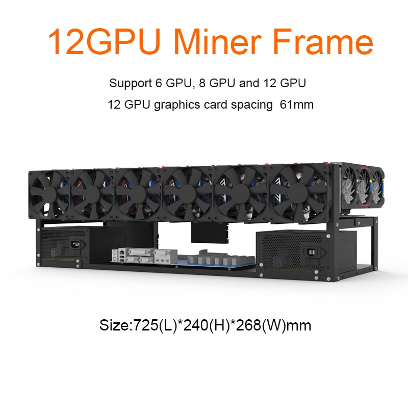12 GPU Mining Rig Frame Frame ONLY Support to Dual Power Supply Bitcoin Miner Mining Rack for ETH Crypto Coin Currency Mining Steel Open Air Miner Rig Case Support for Dual ATX 