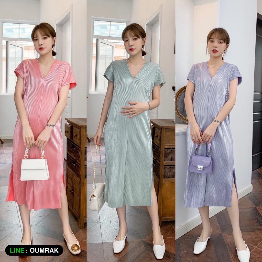 BE1083 (ให้นมได้ ) ชุดเดรสคลุมท้องผ้าซิลล์อัดพรีท