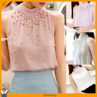 【พร้อมส่ง】เสื้อแขนกุด ผ้าชีฟอง ประดับลูกปัด สีพื้น สําหรับผู้หญิง