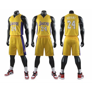 ชุดกีฬาผู้ใหญ่ ชุดบาส ลาย laker คอวี สีเหลือง