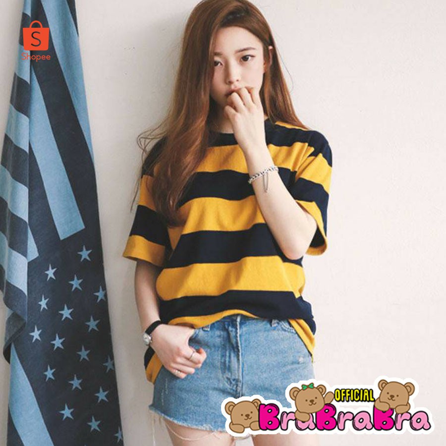 [ส่งจากไทย] 𝑩𝒓𝒂𝑩𝒓𝒂𝑩𝒓𝒂  #f-045 เสื้อยืด คอกลม แขนสั้น ลายทาง