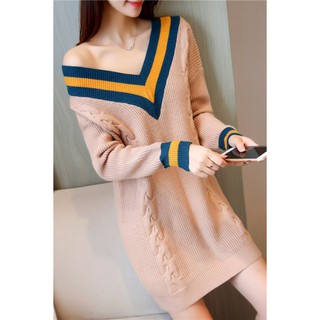 เสื้อกันหนาวไหมพรม พร้อมส่ง สีกากี คอเสื้อวี สลับสีเก๋ แขนยาว  MK3769