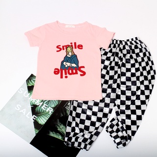 เสื้อผ้าเด็กโต1-16ปีชุด2ชิ้น กางเกงขายาวลายหมากรุกกัยเสื้อยืดเด็กลายSmile