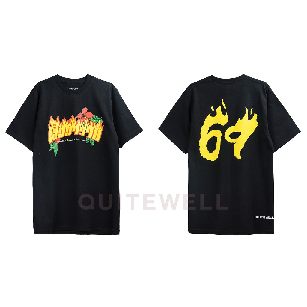 QUITEWELL เสื้อยืดแขนสั้น 73-1 ฮาวาย BLACK เสื้อผู้ชาย Oversize สกรีนลาย สีดำ วินเทจ