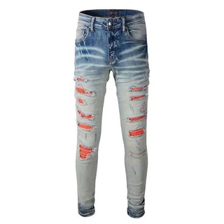 AMIRI retro orange ripped light blue flower patch jean