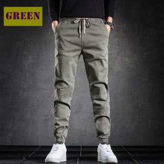 กางเกง jogger pants รุ่นผ้าคอตตอน เนื้อผ้ายืด ใส่สบาย เอวยางยืดมีเชือก กระเป๋าลึก สีเขียวเข้ม