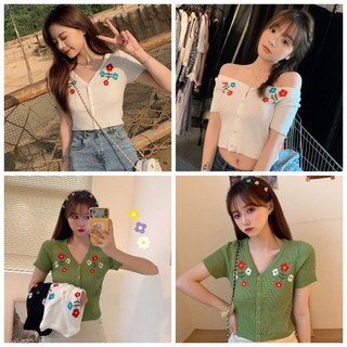 Ey_shop688​พร้อม​ส่ง​5548 ผ้าไหมพรมแขนสั้นลายดอก🌺