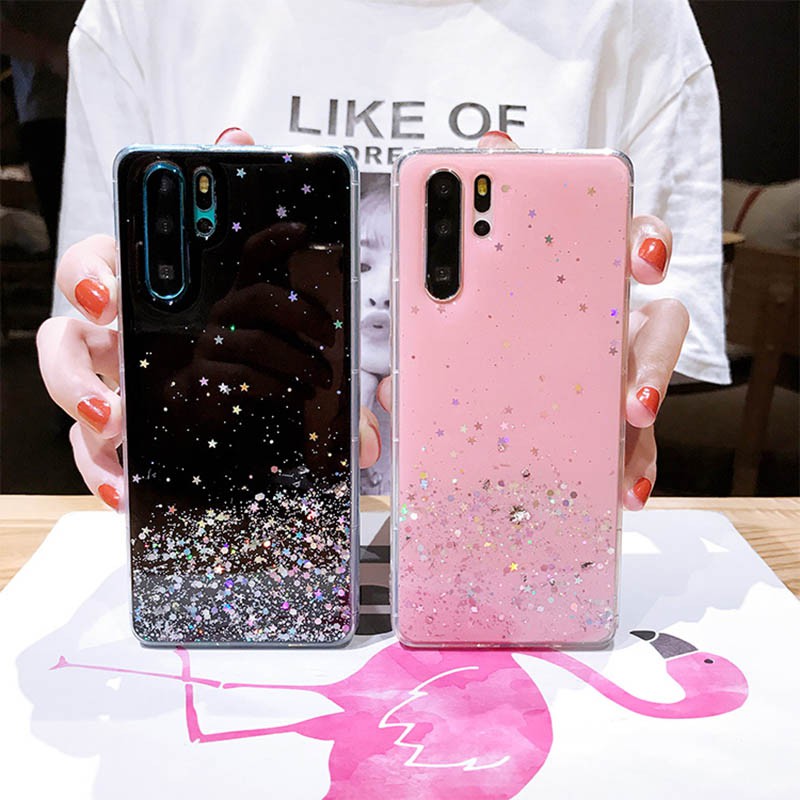 เคสโทรศัพท์มือถือกันกระแทกโปร่งใส Huawei P10 P20 P30 P40 LITE PRO Shell Bling Glitter Star Phone Case Soft TPU Cover เคสสีดำ