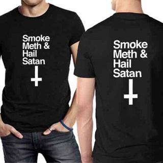 เสื้อยืดผ้าฝ้ายพิมพ์ลายแฟชั่นเสื้อยืด พิมพ์ลาย Smoke Meth Hail Satan 2 ด้าน สําหรับผู้ชาย และผู้หญิง