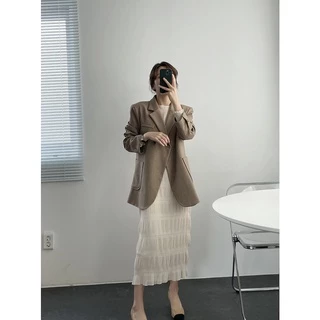🇹🇭พร้อมส่ง(5-33)Dress Korea เดรสผ้าชีฟองอัดพลีทย่น เรียบแต่หรู น่ารัก ใส่ทำงาน เที่ยวออกงาน คลุมท้อง