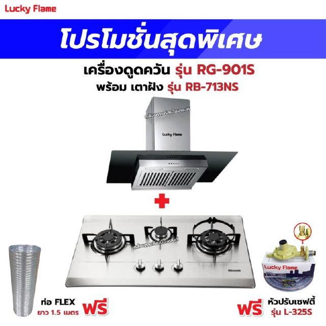 เครื่องดูดควัน รุ่น RG-901S พร้อมเตาฝังรินไน รุ่น RB-713NS ฟรี หัวปรับเซฟตี้ รุ่น L-325S พร้อมสาย 2 เมตร ตัวรัดสาย 2 ตัว