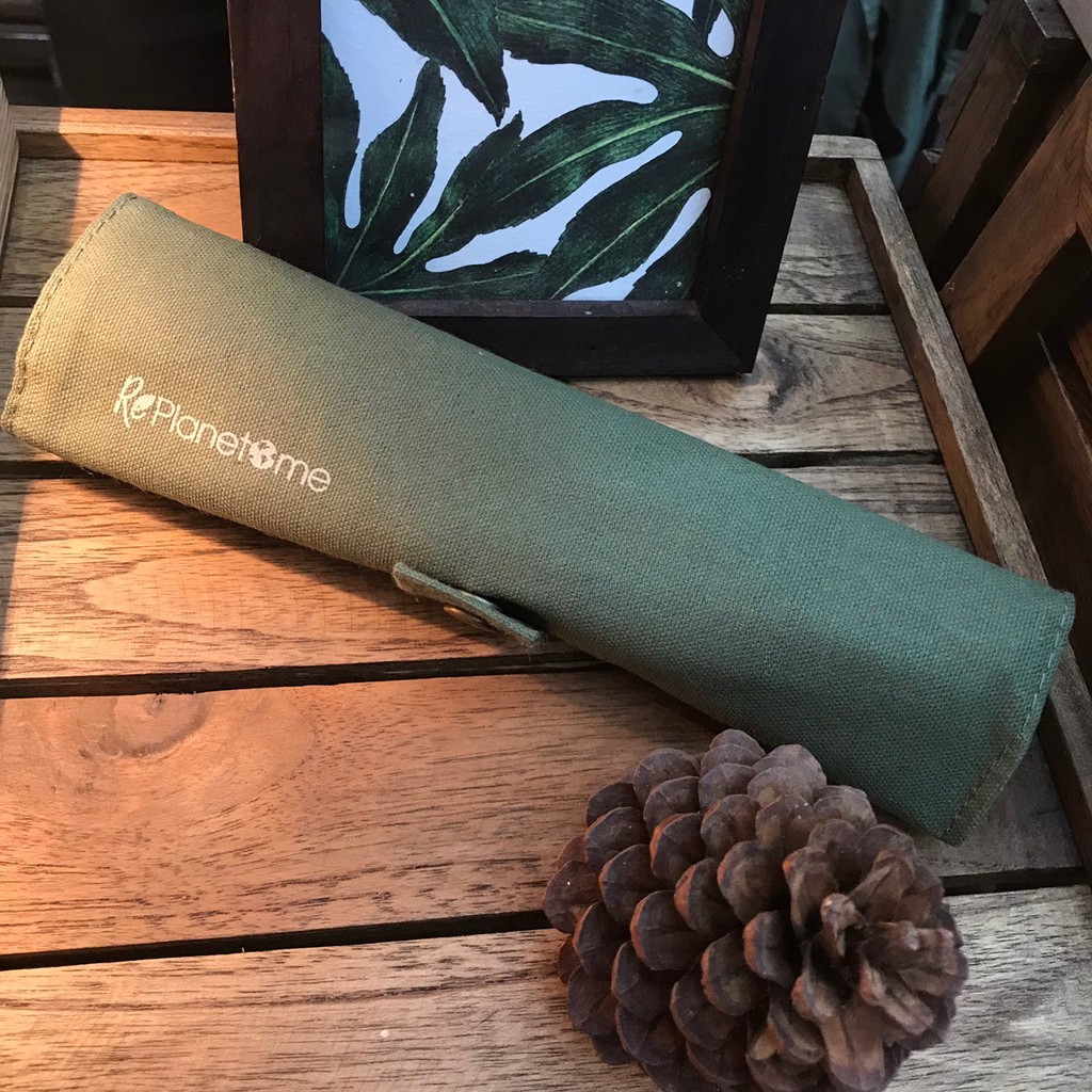 ช้อนส้อมหลอดไม้ไผ่ชุดเดินทางในถุงผ้ากากี || Bamboo Utensil Full Travel Set in Khaki Pouch